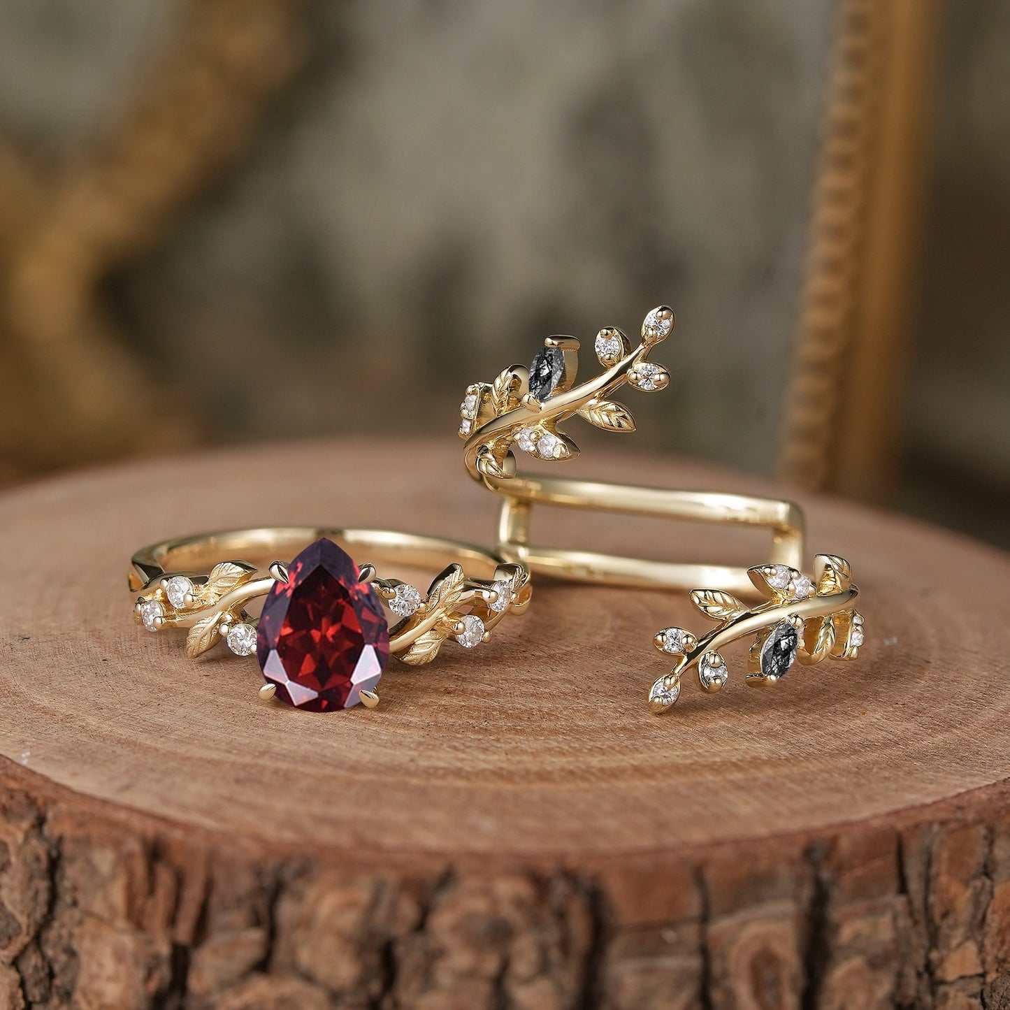 Aphrodite's Enchanted Vine| Pear Garnet Cross Nature Inspired Ehancer Ring Bridal Set - GemsMagic