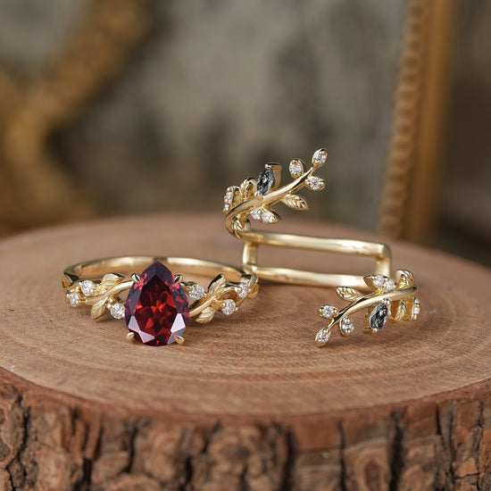 Aphrodite's Enchanted Vine| Pear Garnet Cross Nature Inspired Ehancer Ring Bridal Set - GemsMagic