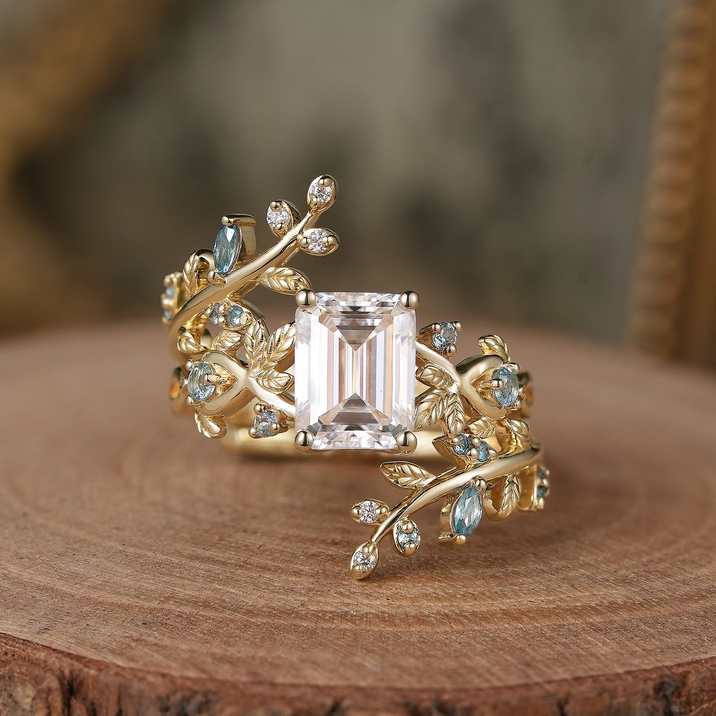 Emerald Cut Moissanite Ring Set with Topaz