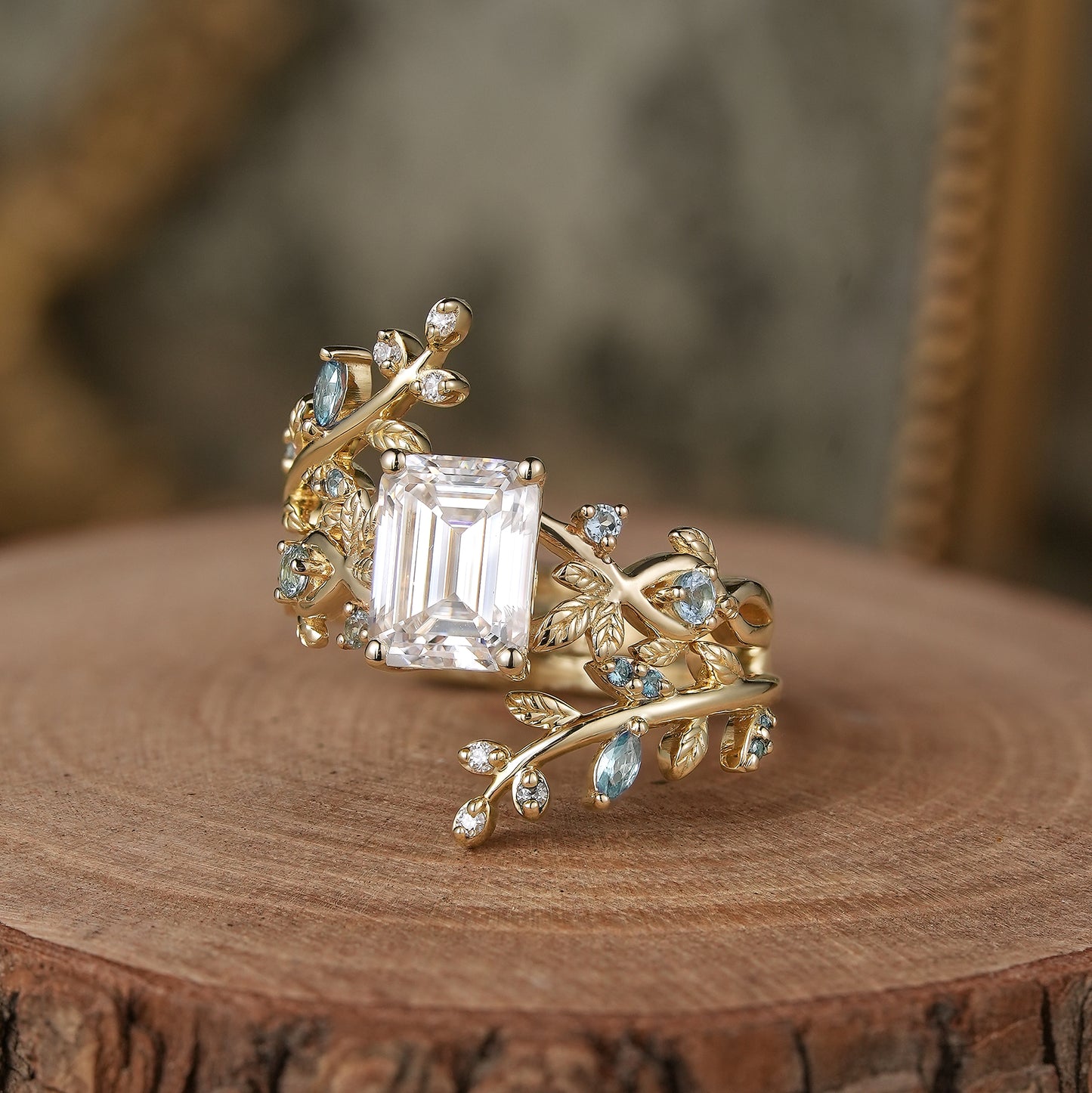 Emerald Cut Moissanite Ring Set with Topaz