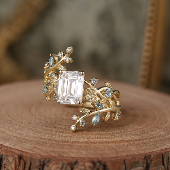 Emerald Cut Moissanite Ring Set with Topaz