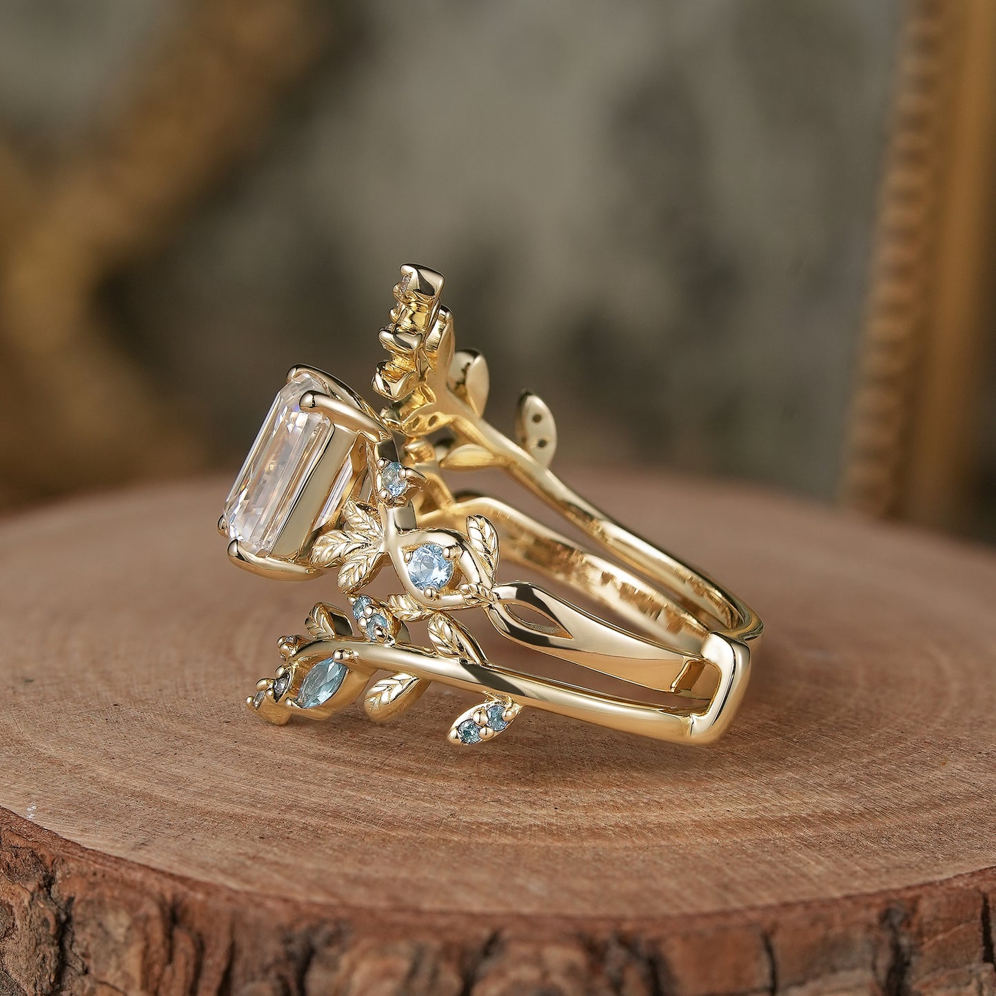 Emerald Cut Moissanite Ring Set with Topaz