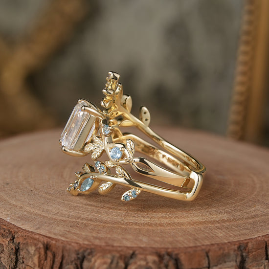 Emerald Cut Moissanite Ring Set with Topaz