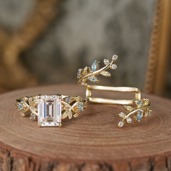 Emerald Cut Moissanite Ring Set with Topaz