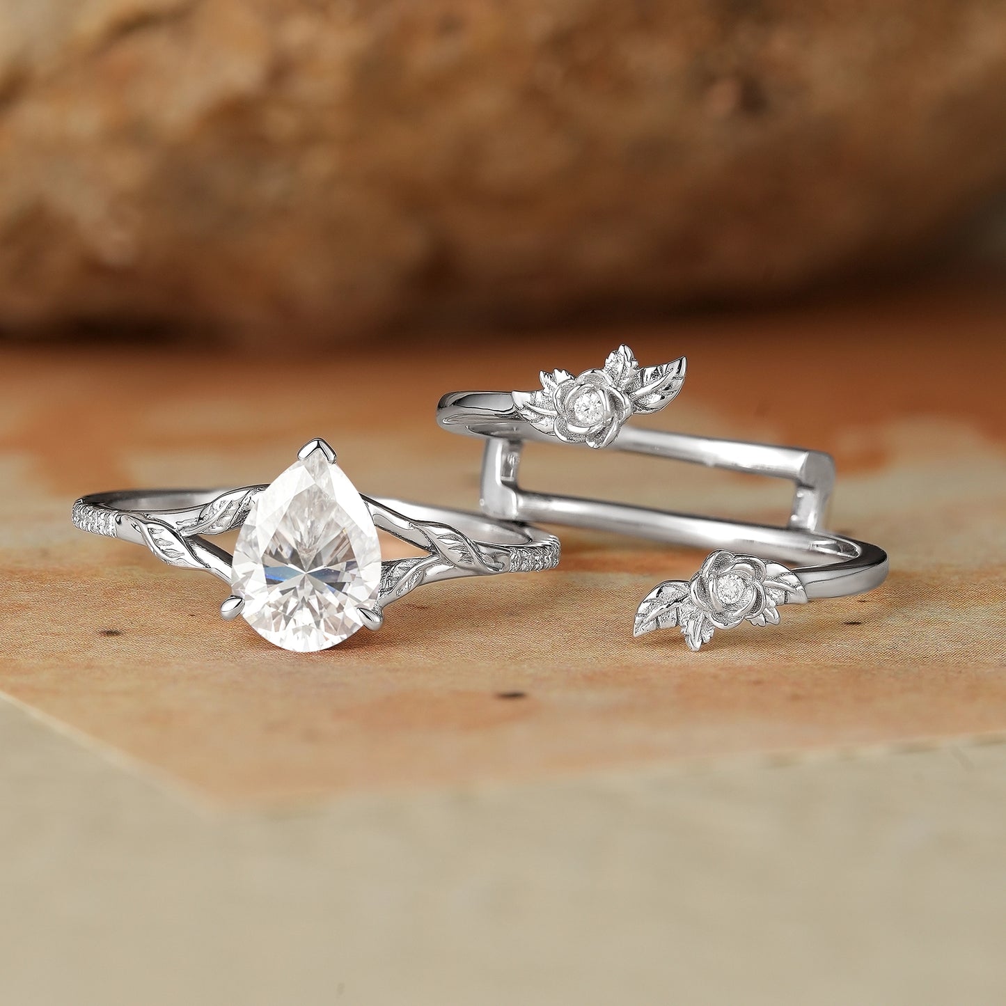 Pear Cut Moissanite Enhancer Ring Set 2pcs