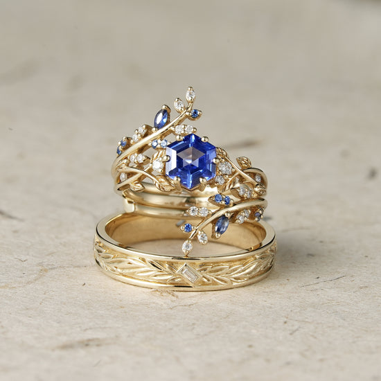 Hexagon Sapphire Vine Couple's Ring