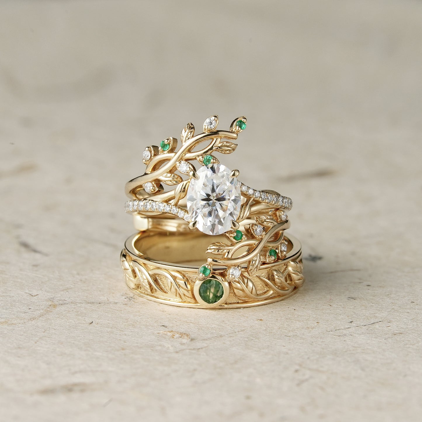 Moissanite and Moss Agate Couple Ring Set