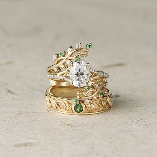 Moissanite and Moss Agate Couple Ring Set