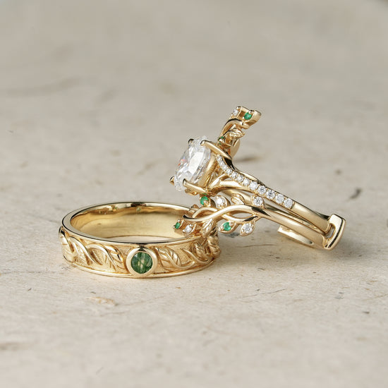 Moissanite and Moss Agate Couple Ring Set