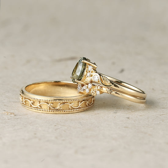 Green Sapphire Leaf Couple Rings