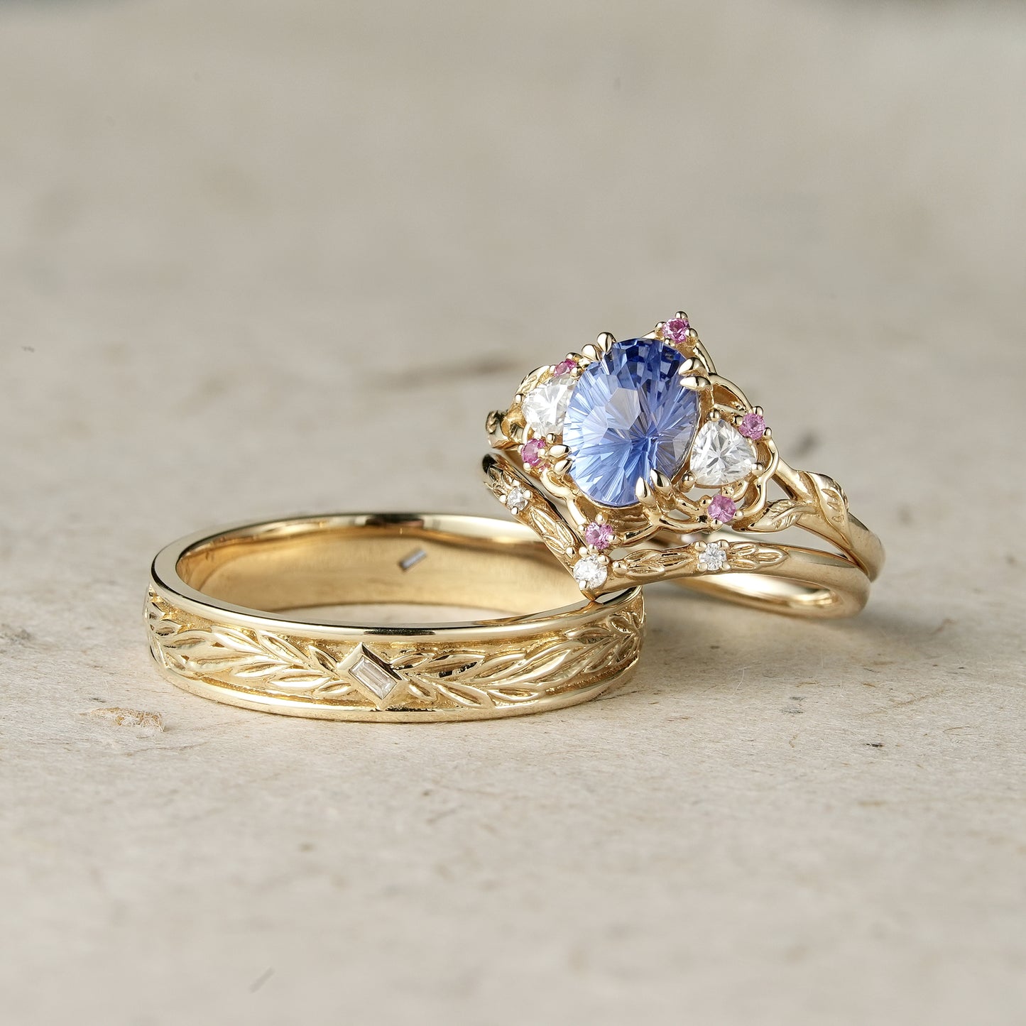 Three-Stones Sparkle Cut Cornflower Sapphire Couple Ring
