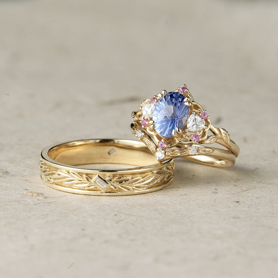 Three-Stones Sparkle Cut Cornflower Sapphire Couple Ring
