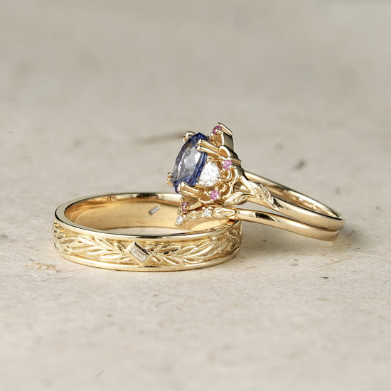 Three-Stones Sparkle Cut Cornflower Sapphire Couple Ring
