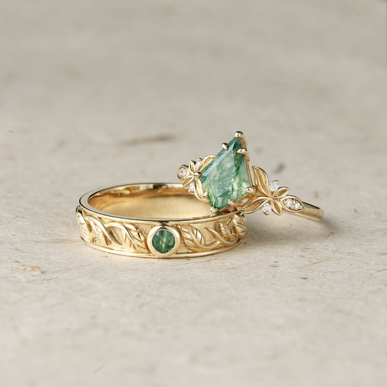 Kite Cut Moss Agate Couple Rings