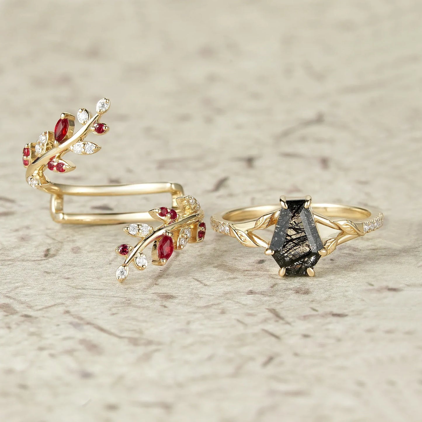 Black Rutilated Quartz Engagement Ring Set