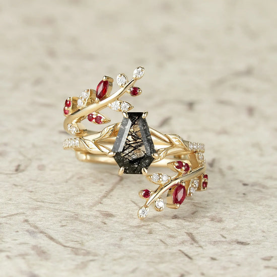 Black Rutilated Quartz Engagement Ring Set