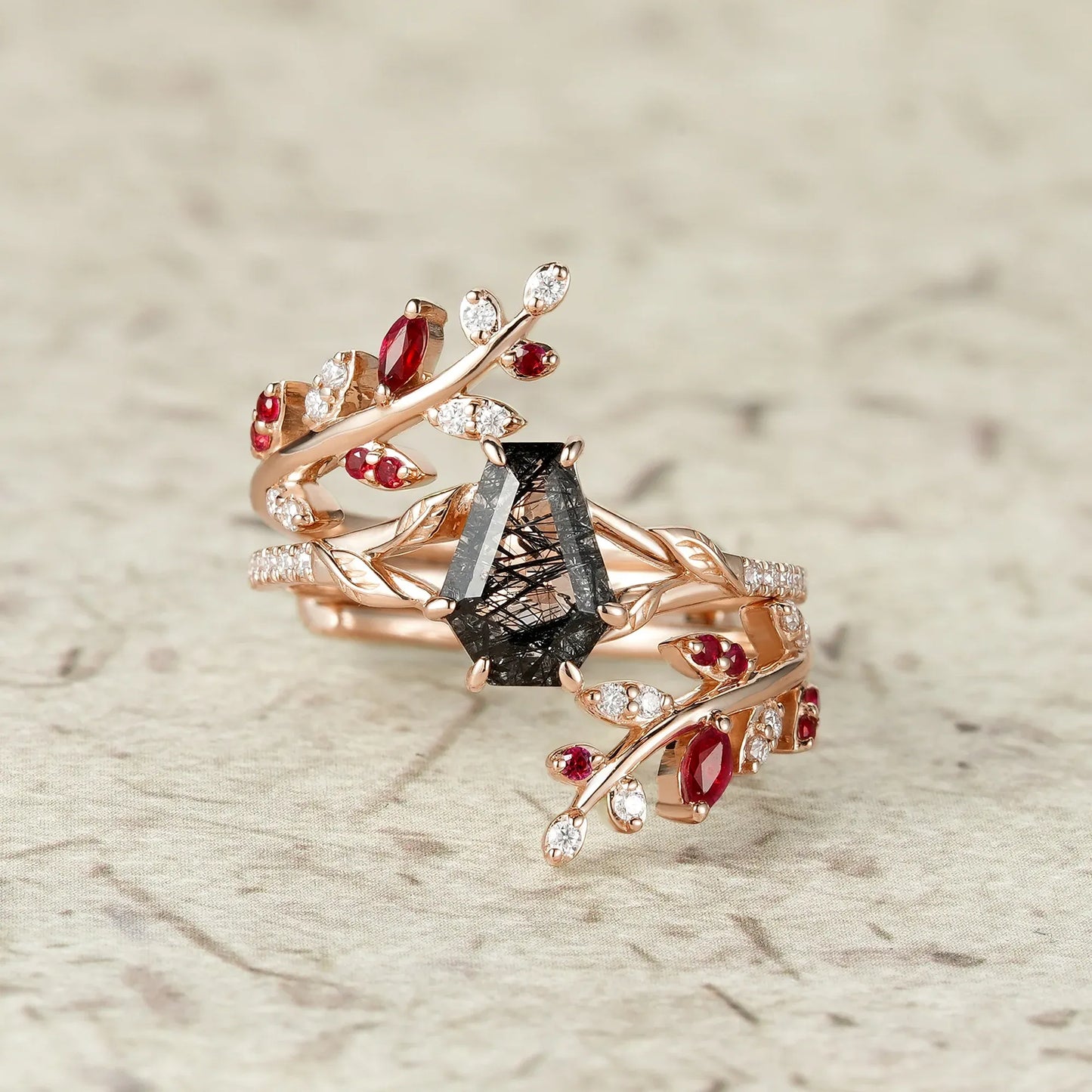 Black Rutilated Quartz Engagement Ring Set
