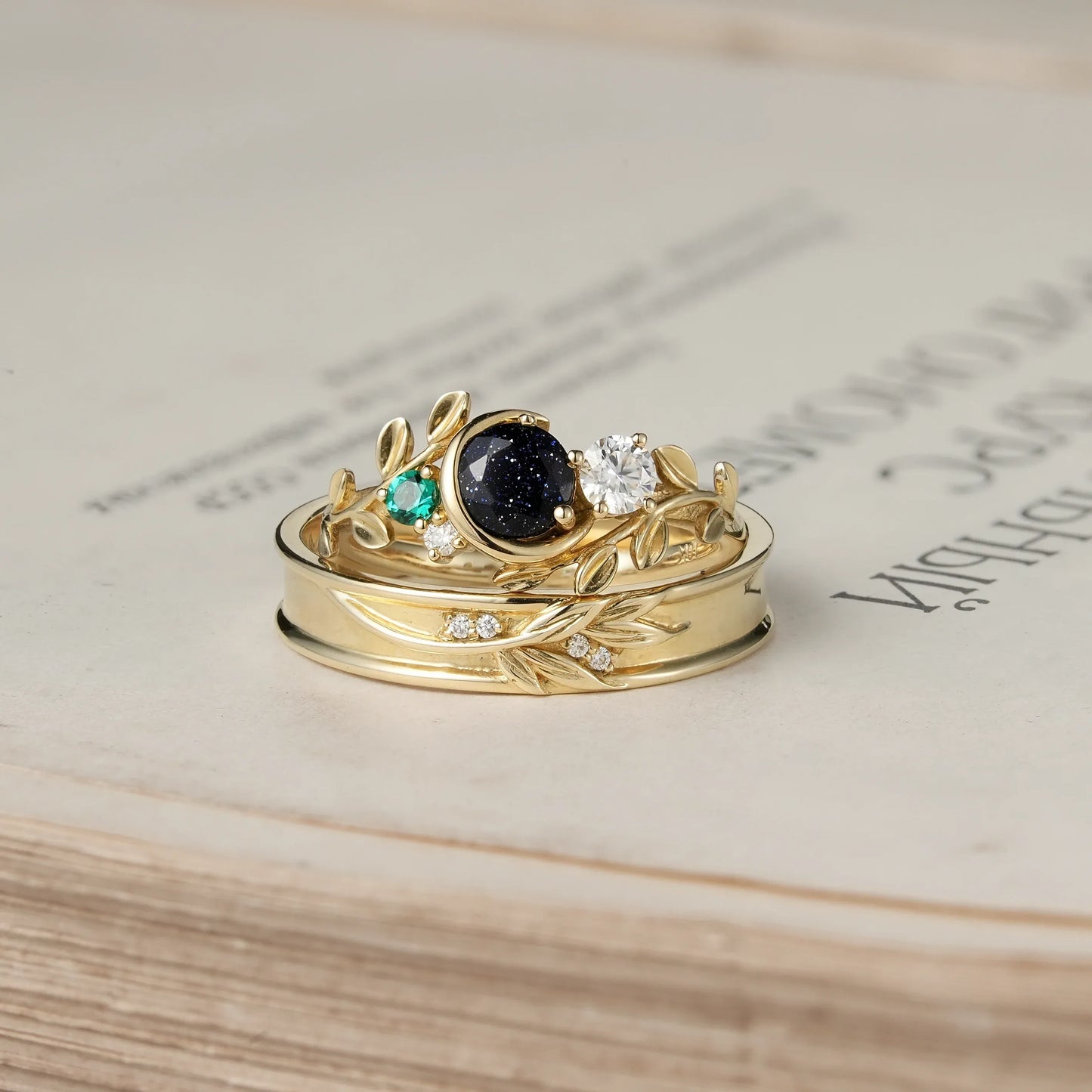 Moon Inspired Star Sandstone and Moissanite Couple Rings