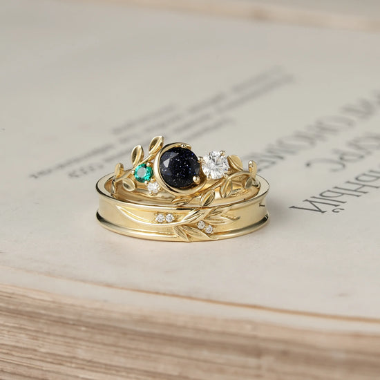 Moon Inspired Star Sandstone and Moissanite Couple Rings