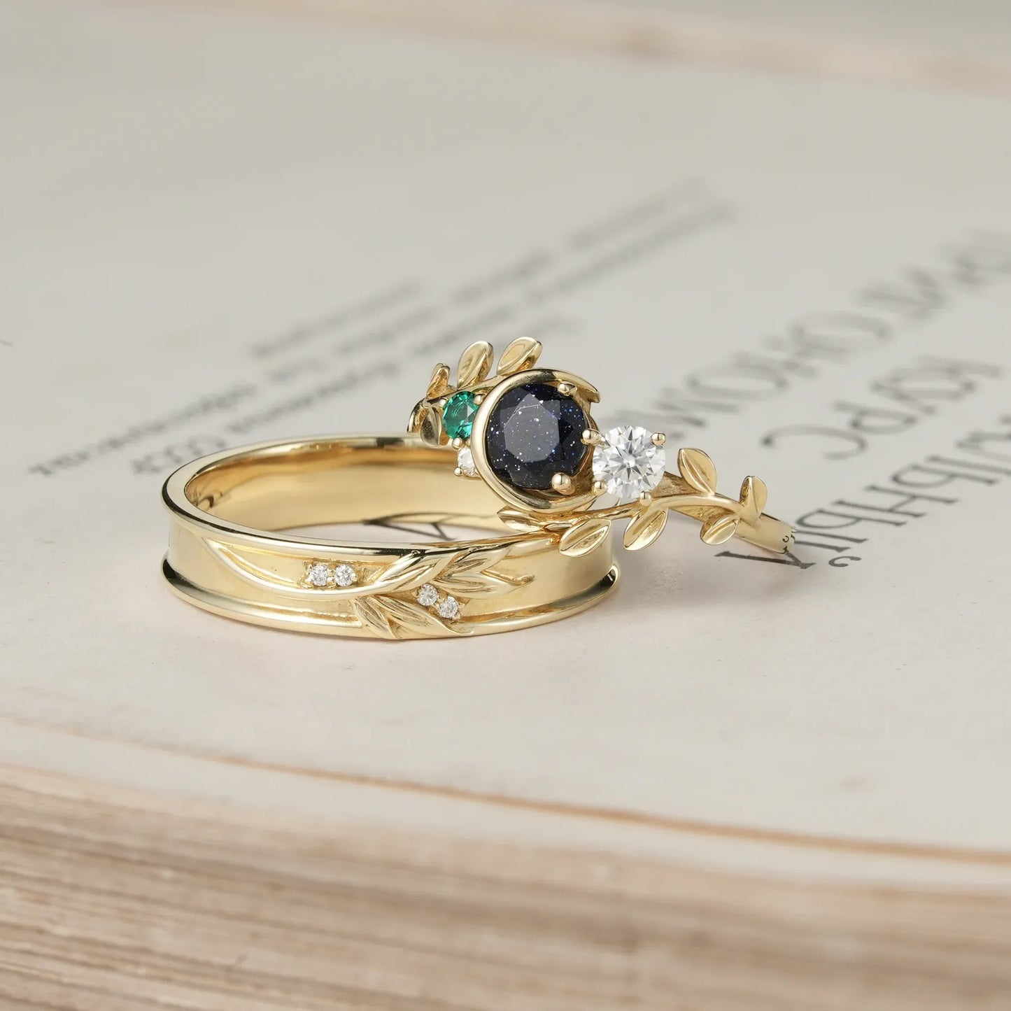 Moon Inspired Star Sandstone and Moissanite Couple Rings