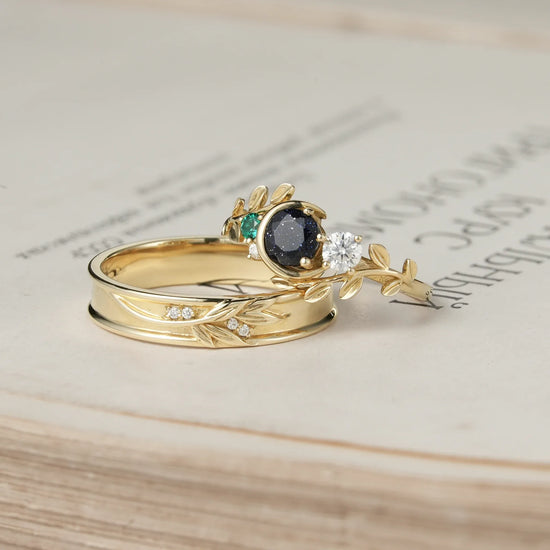 Moon Inspired Star Sandstone and Moissanite Couple Rings