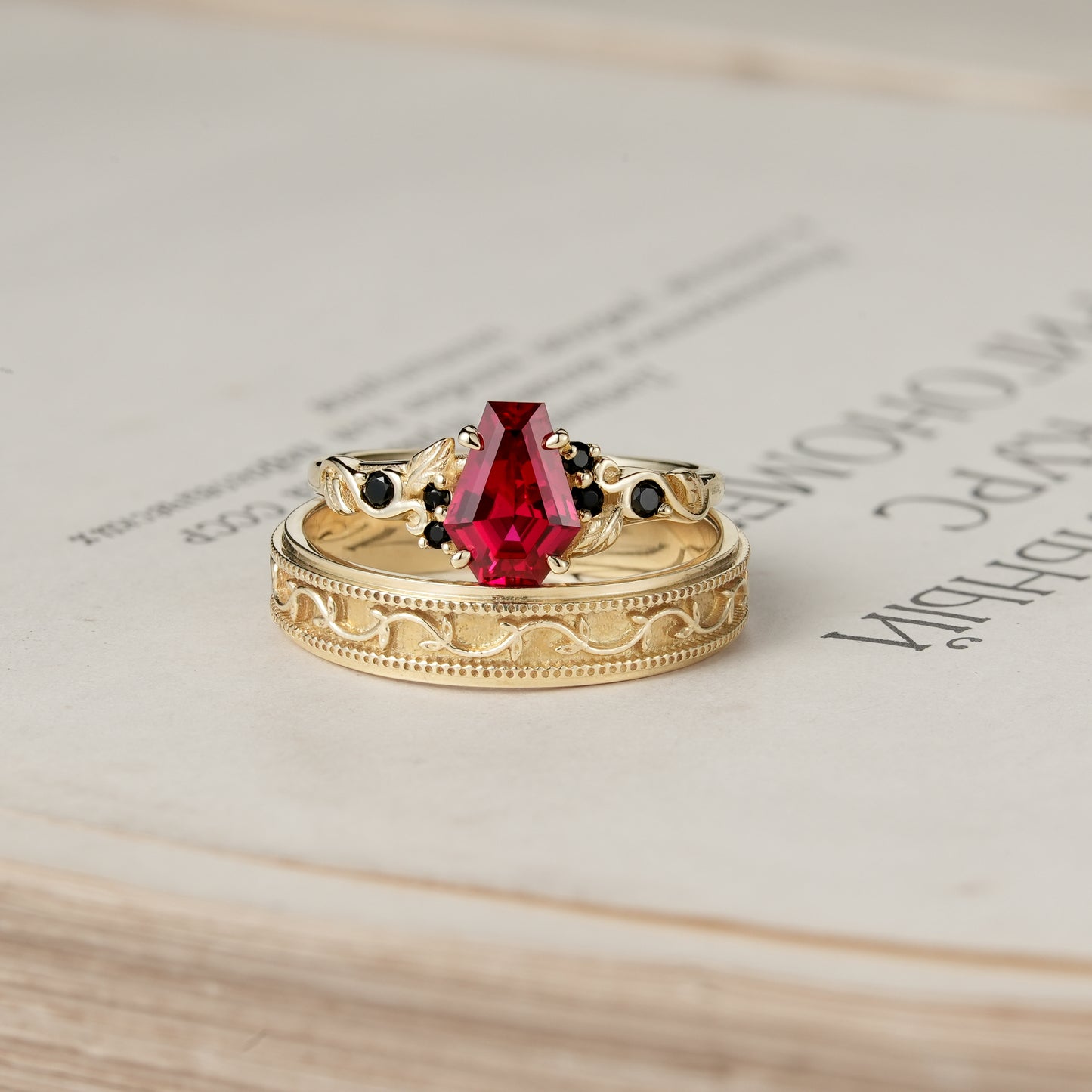 Coffin-Cut Ruby Leaf lnspired Couple Ring-Be Mine