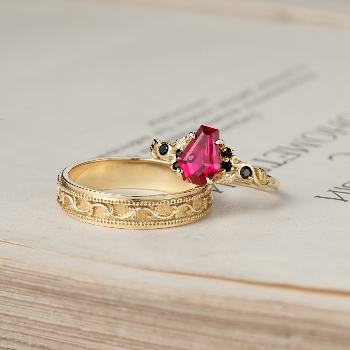 Coffin-Cut Ruby Leaf lnspired Couple Ring-Be Mine