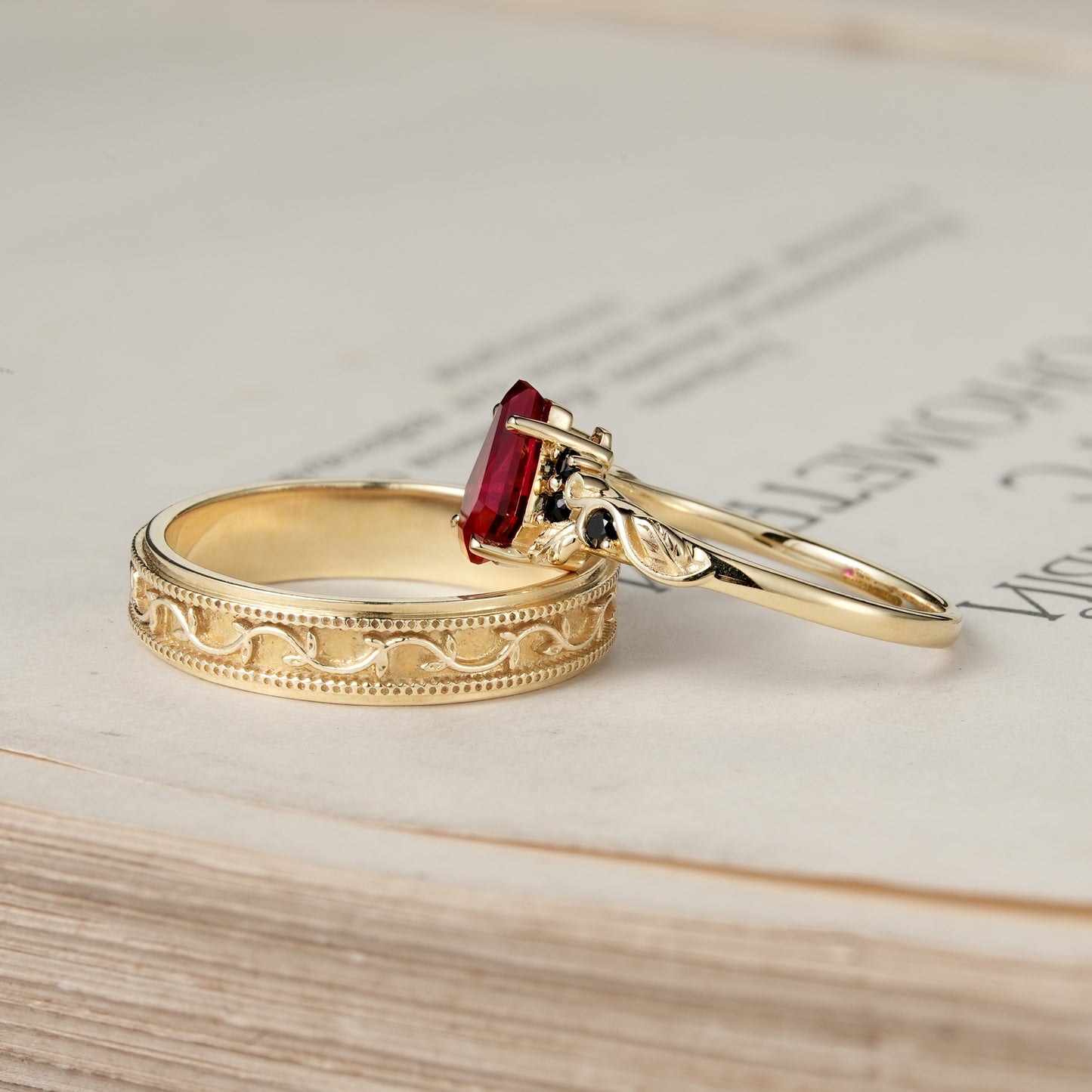 Coffin-Cut Ruby Leaf lnspired Couple Ring-Be Mine
