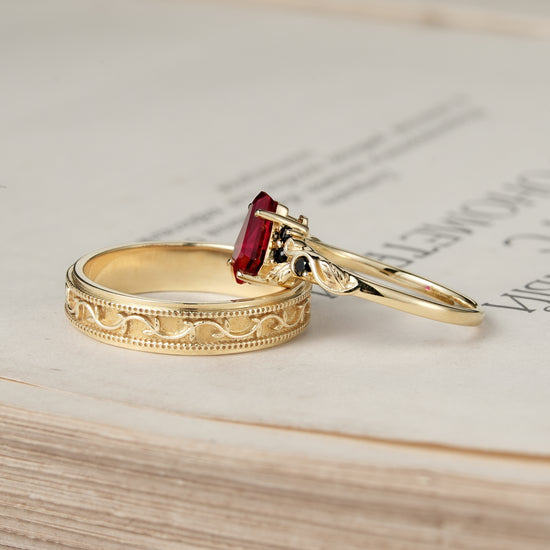 Coffin-Cut Ruby Leaf lnspired Couple Ring