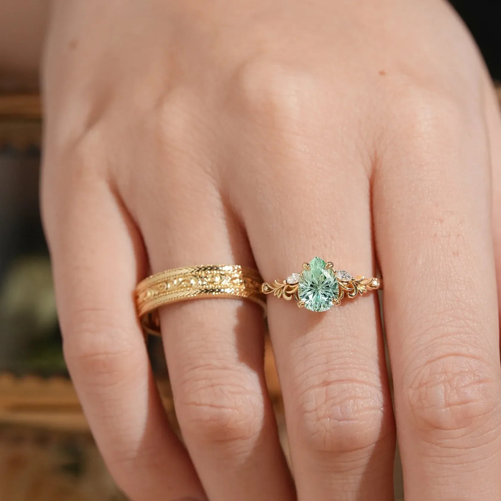 Sparkle Cut Green Sapphire Olive Branch Inspired Couple Ring Set - Rene & Bradley