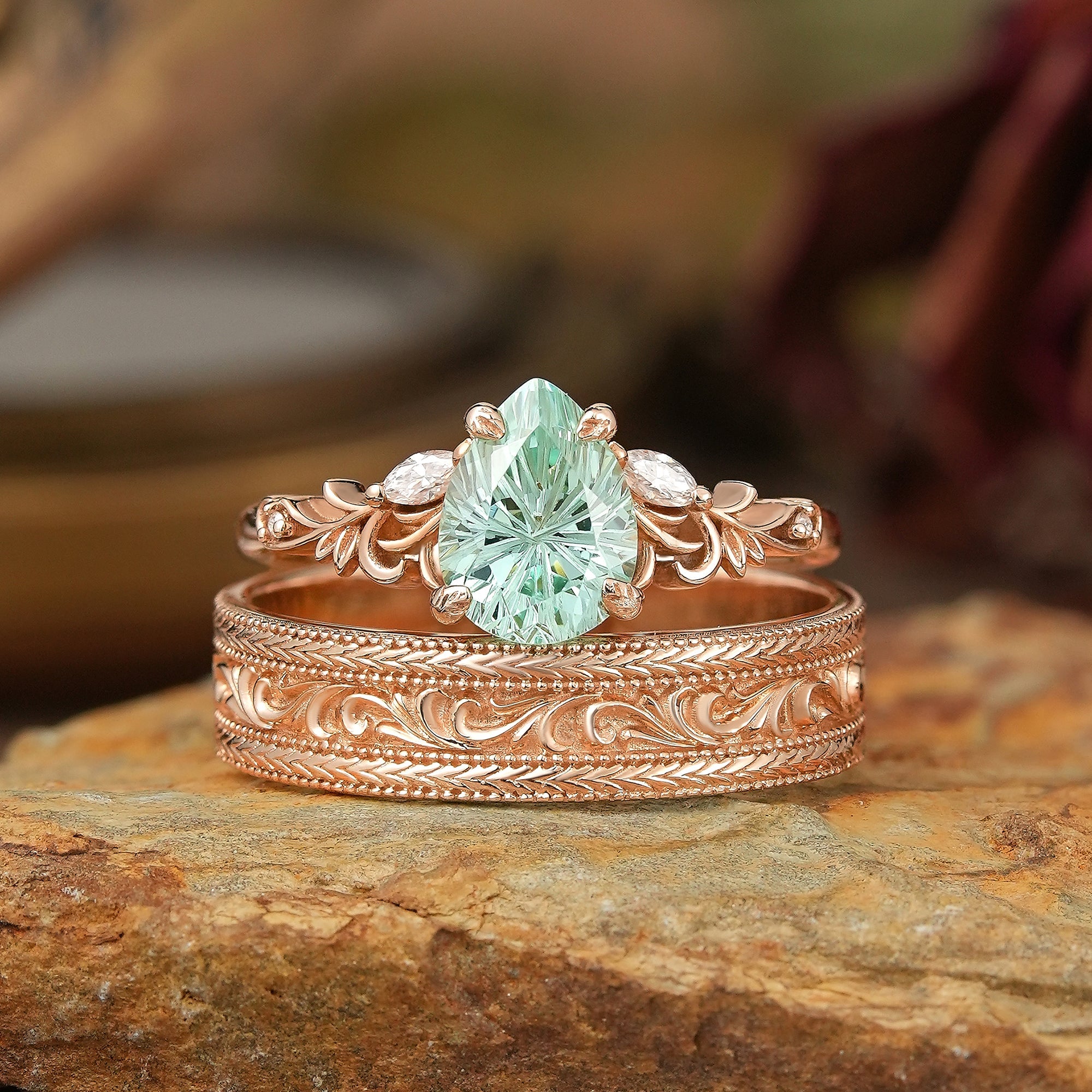 Sparkle Cut Green Sapphire Olive Branch Inspired Couple Ring Set - Rene & Bradley - GemsMagic