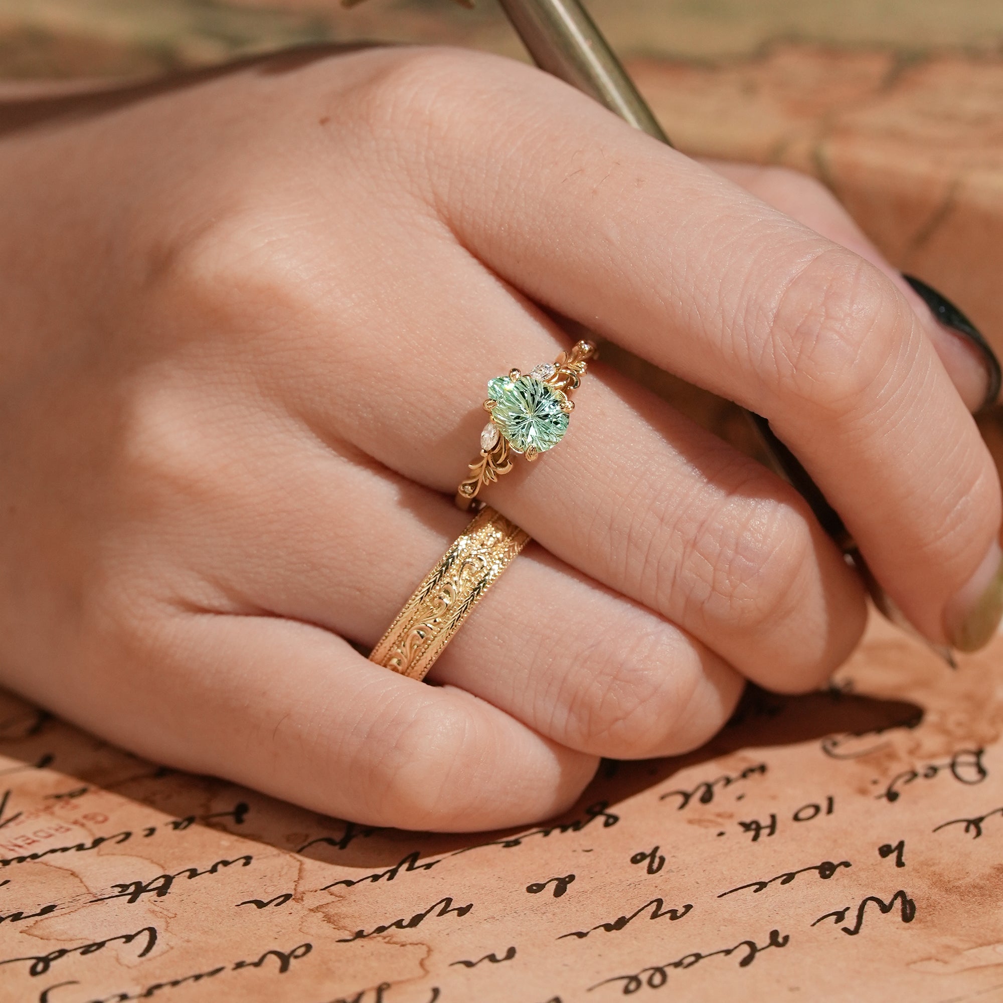 Sparkle Cut Green Sapphire Olive Branch Inspired Couple Ring Set - Rene & Bradley - GemsMagic