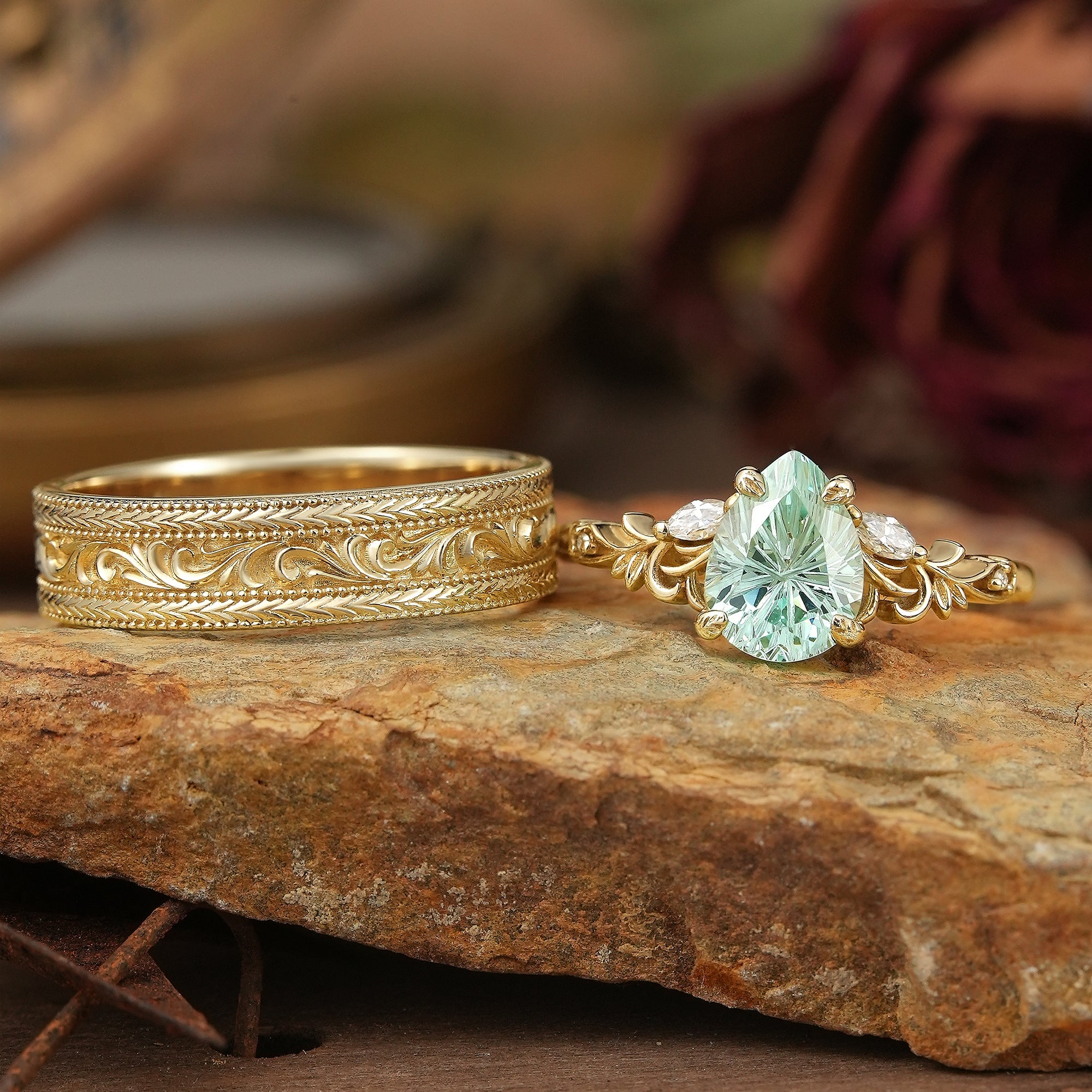 Sparkle Cut Green Sapphire Olive Branch Inspired Couple Ring Set - Rene & Bradley - GemsMagic