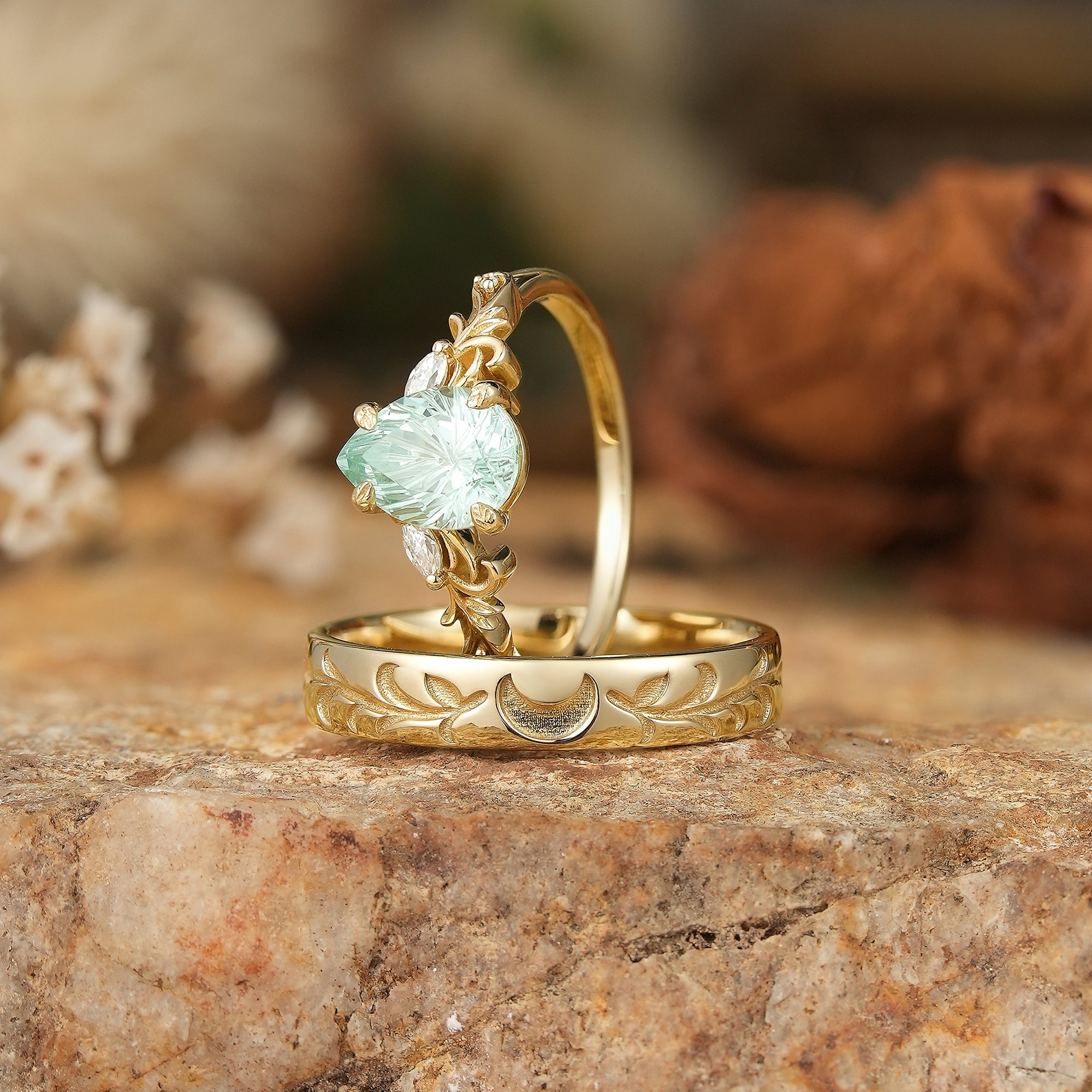 Sparkle Cut Pear Green Sapphire Olive Leaf Inspired And Moon Couple Rings - GemsMagic - GemsMagic