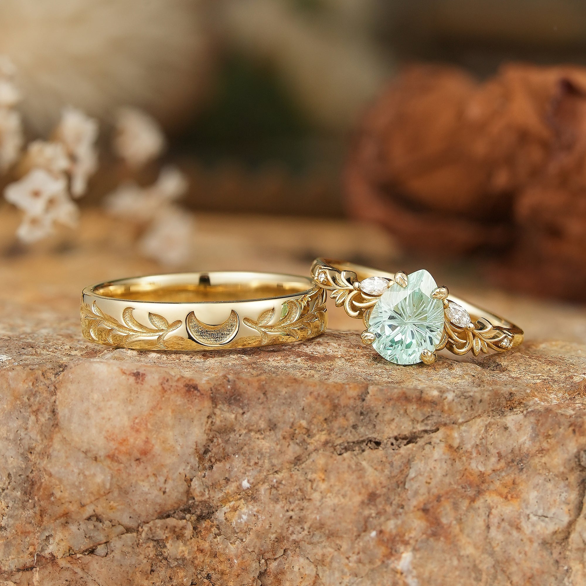Sparkle Cut Pear Green Sapphire Olive Leaf Inspired And Moon Couple Rings - GemsMagic - GemsMagic