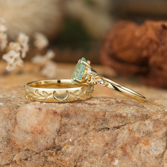 Sparkle Cut Pear Green Sapphire Olive Leaf Inspired And Moon Couple Rings - GemsMagic - GemsMagic
