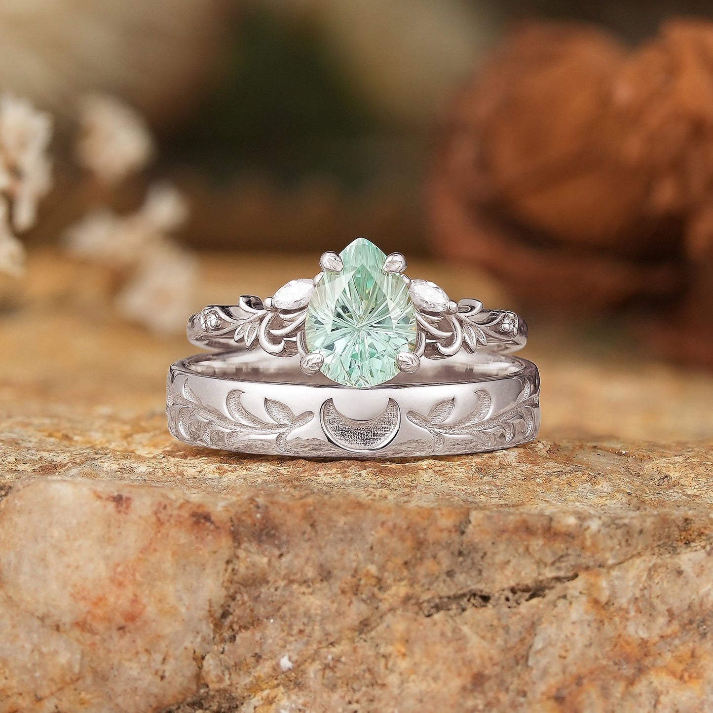 Sparkle Cut Pear Green Sapphire Olive Leaf Inspired And Moon Couple Rings - GemsMagic - GemsMagic