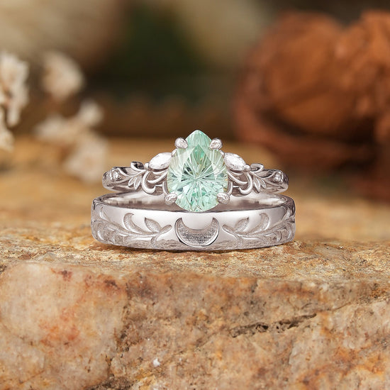 Sparkle Cut Pear Green Sapphire Olive Leaf Inspired And Moon Couple Rings - GemsMagic - GemsMagic