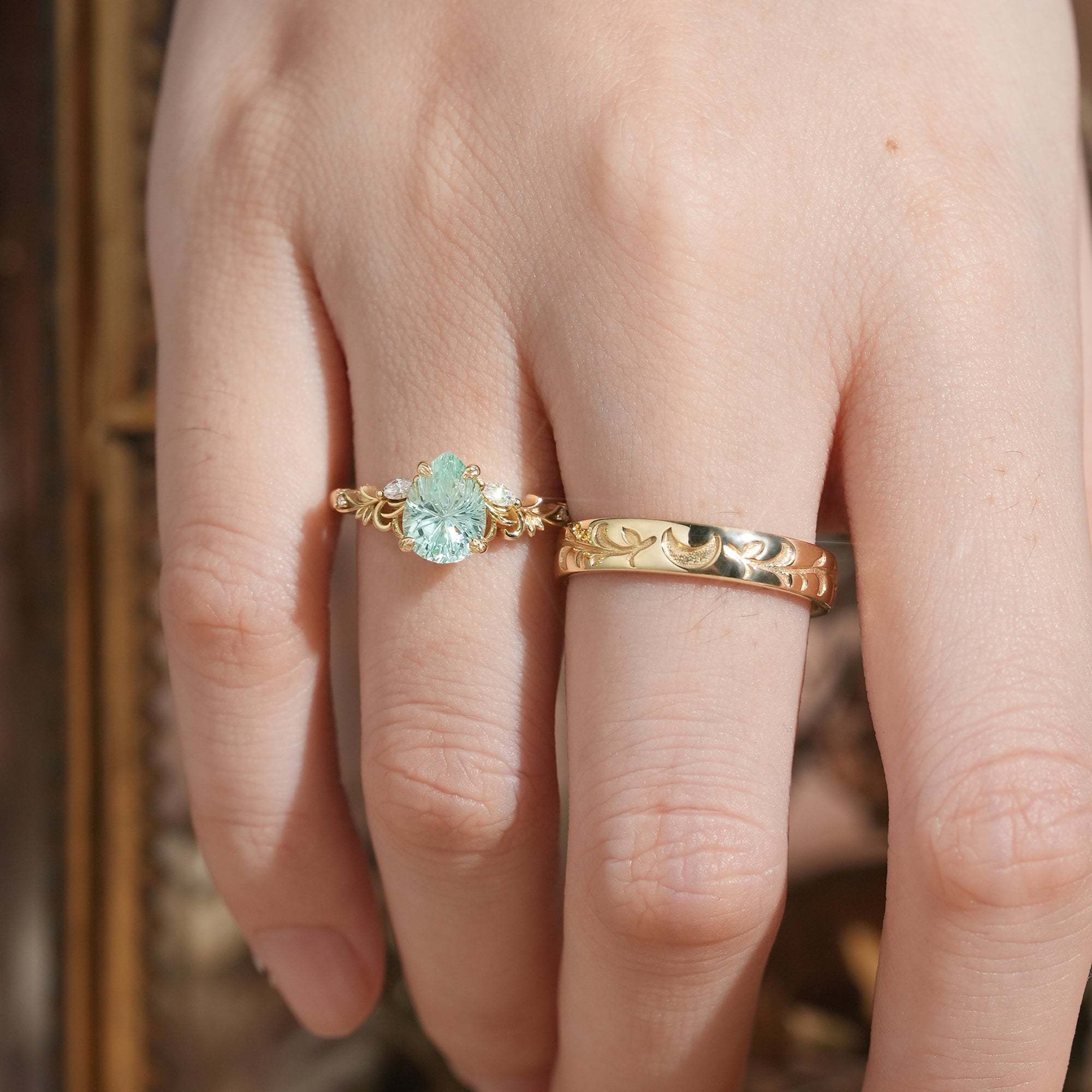 Sparkle Cut Pear Green Sapphire Olive Leaf Inspired And Moon Couple Rings - GemsMagic - GemsMagic