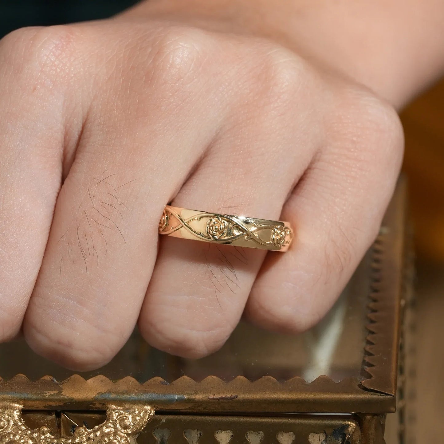 Thorned Rose: Elegant Floral Vine Wedding Band - Jasper - GemsMagic