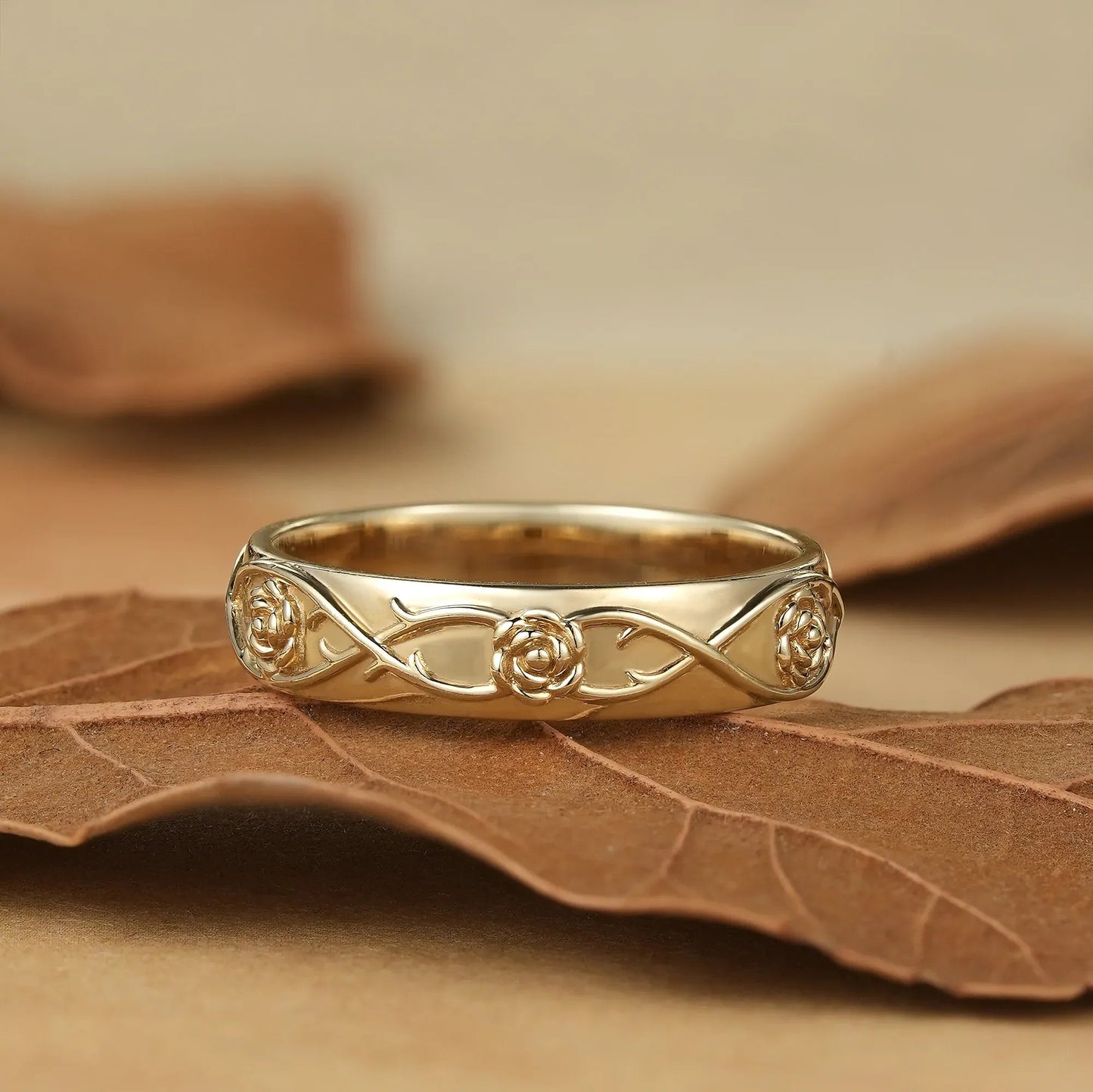 Thorned Rose: Elegant Floral Vine Wedding Band - Jasper - GemsMagic