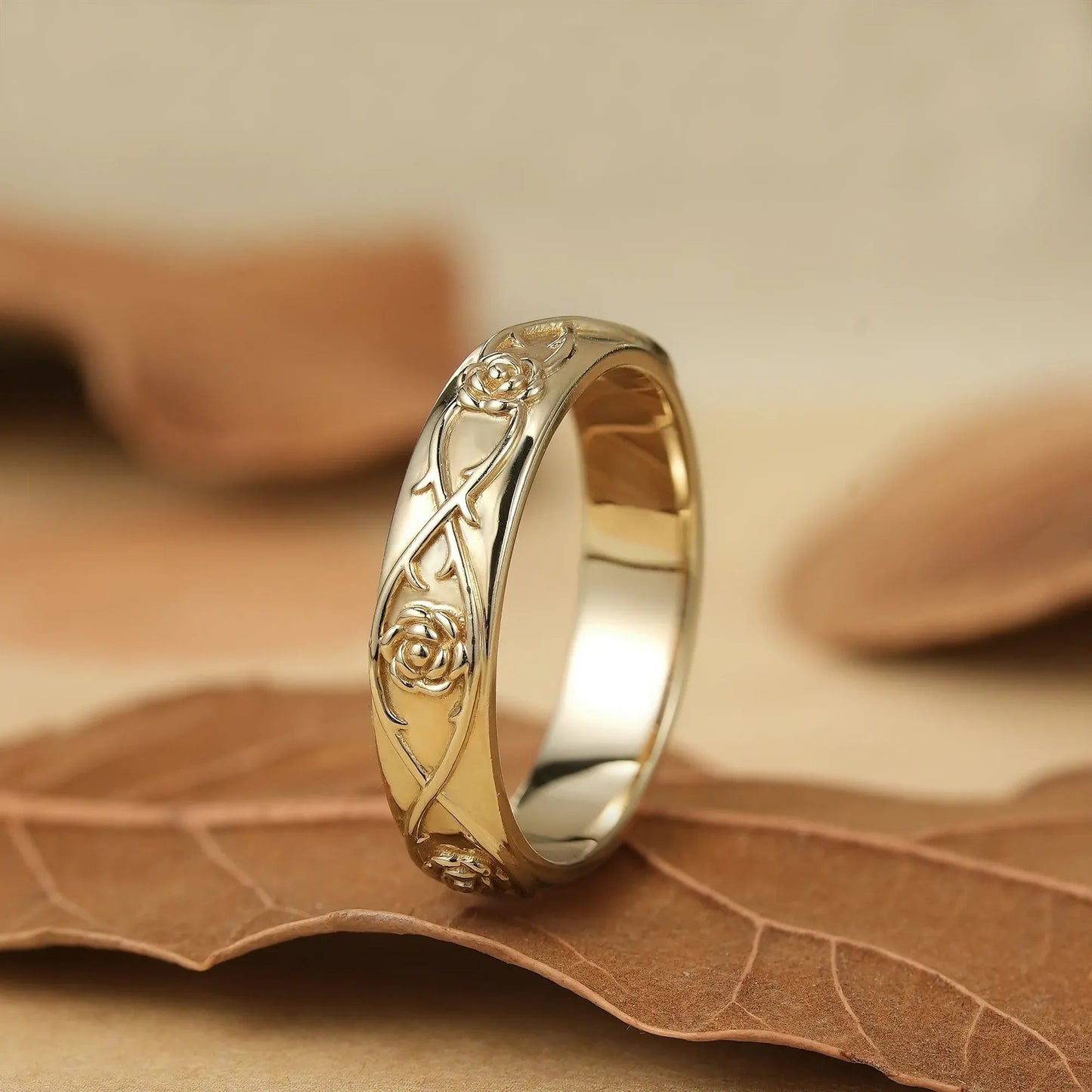 Thorned Rose: Elegant Floral Vine Wedding Band - Jasper - GemsMagic