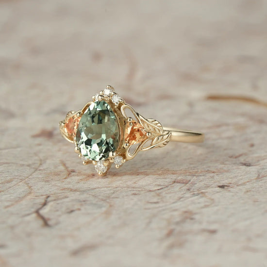Three - Stone Lab Grown Green Sapphire Engagement Ring - Bliss - GemsMagic