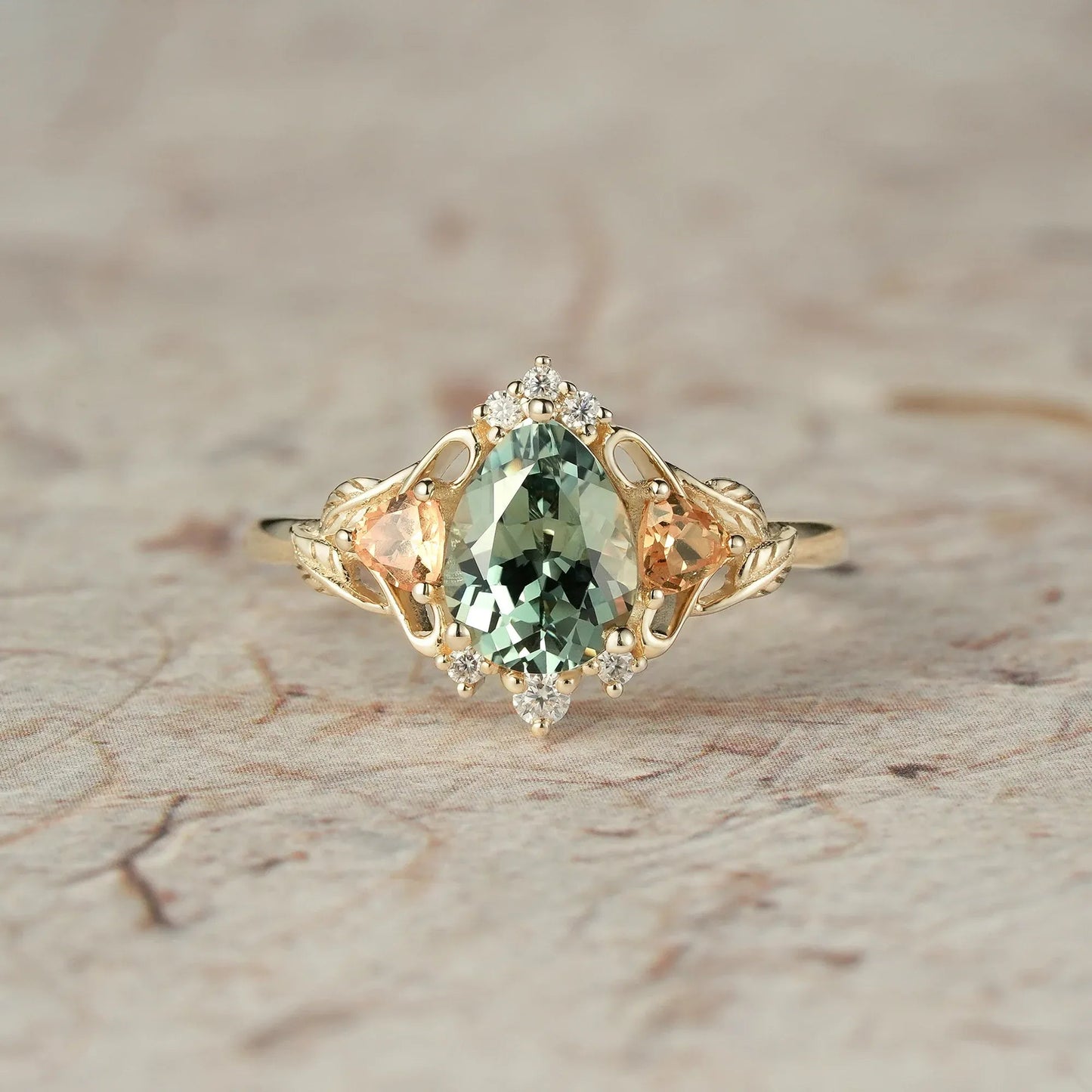 Three - Stone Lab Grown Green Sapphire Engagement Ring - Bliss - GemsMagic