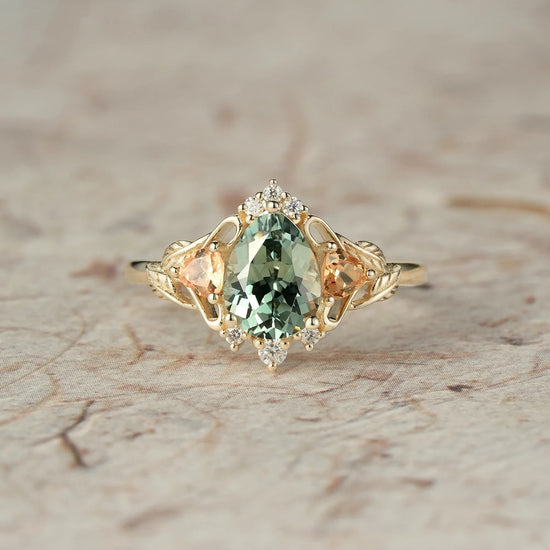 Three - Stone Lab Grown Green Sapphire Engagement Ring - Bliss - GemsMagic
