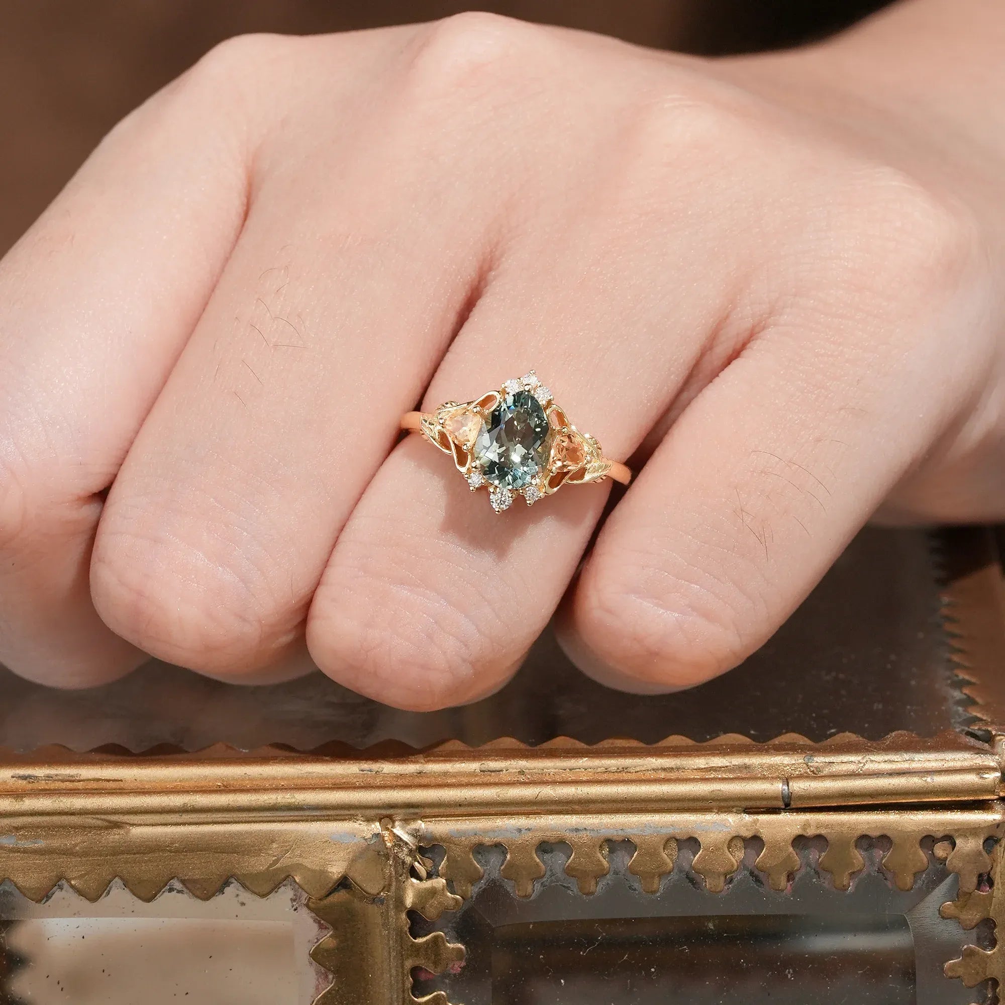 Three - Stone Lab Grown Green Sapphire Engagement Ring - Bliss - GemsMagic