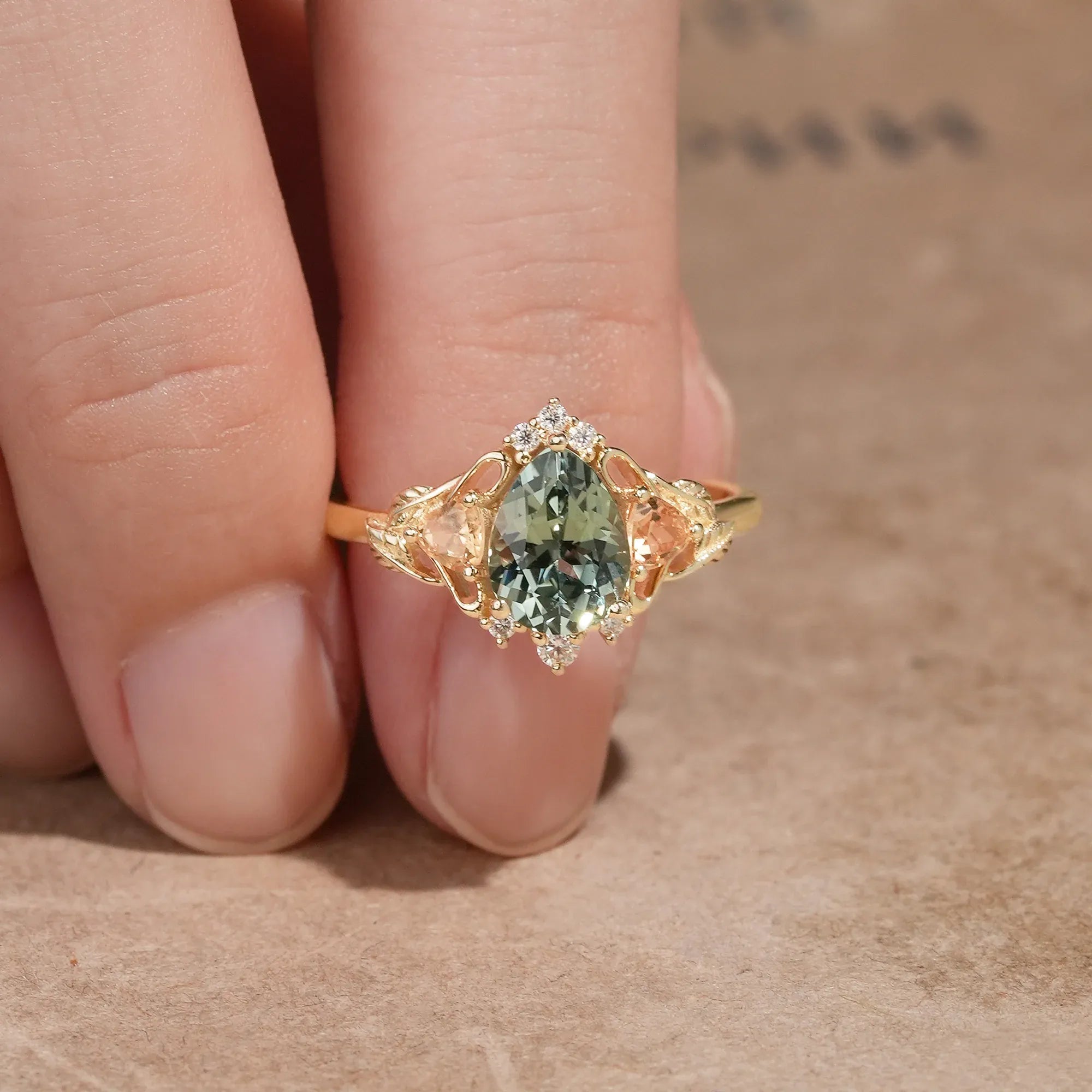 Three - Stone Lab Grown Green Sapphire Engagement Ring - Bliss - GemsMagic