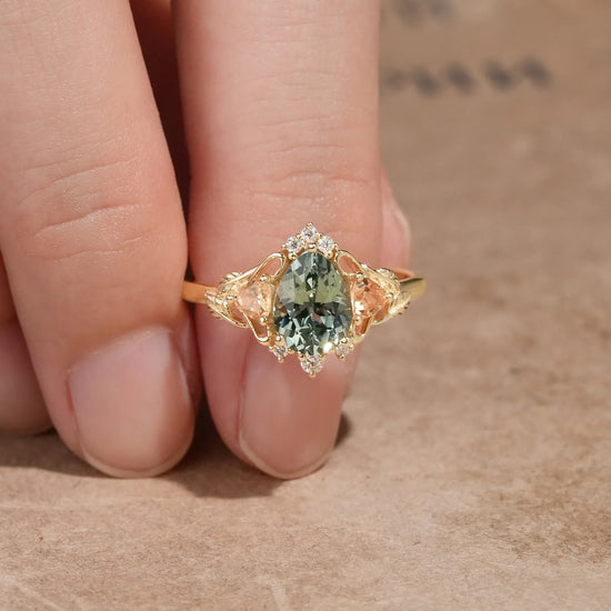 Three - Stone Lab Grown Green Sapphire Engagement Ring - Bliss - GemsMagic