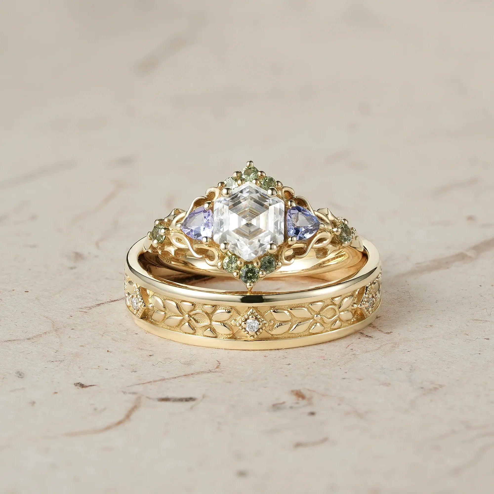 Three - Stone Moissanite Leaf Couple Rings - Together Forevermore - GemsMagic