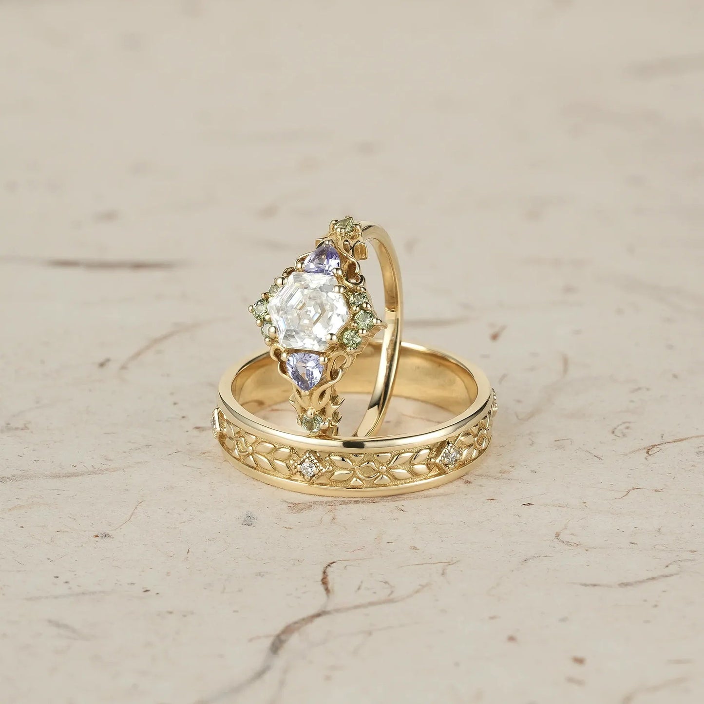 Three - Stone Moissanite Leaf Couple Rings - Together Forevermore - GemsMagic